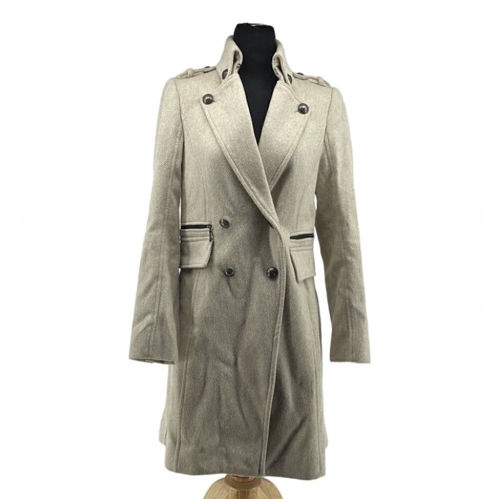 zara wool blend coat oatmeal minimalist military style preppy academia sz M